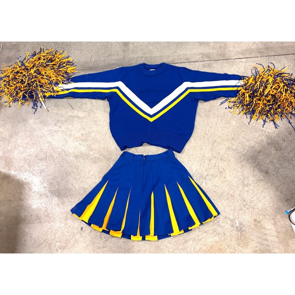 Vintage 60s Cheerleader Supply Co Blue Gold Uniform Sweater Skirt Pom Pom EVC